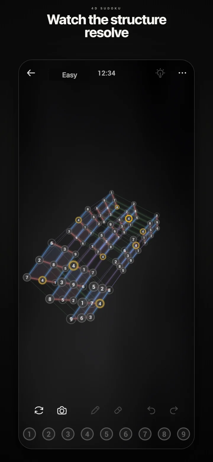 A completed 4D Sudoku puzzle resolving in a dark visual style